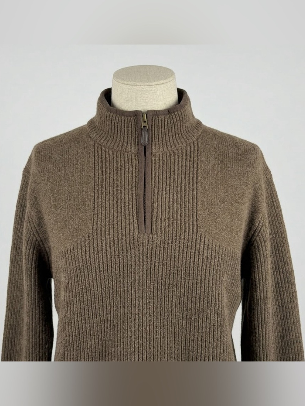 LL Bean Merino Lambswool Quarter Zip Sweater Mens XXL Tall Brown Lined Knit
